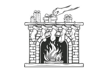 Obraz premium Hand Placing Christmas Gift on Fireplace Mantel with Stockings Outline Illustration