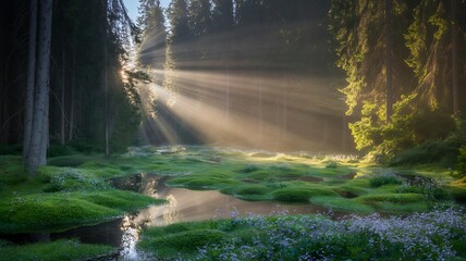 Sunlight through trees in a mystical forest
