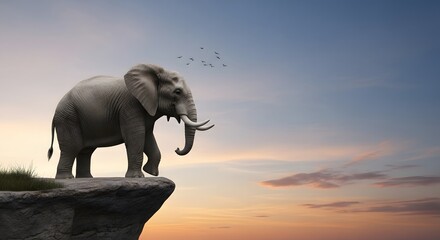 Obraz premium Elephant Standing on a Cliff at Sunset with Birds Flying
