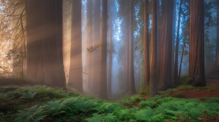 Sunlit misty redwood forest with lush ferns