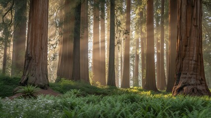 Golden sunbeams in an ancient redwood forest