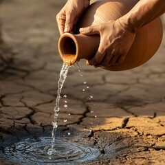 Water from clay pot into cracked, dry earth