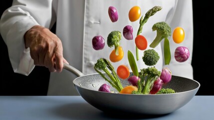 Chef in white coat skillfully tossing colorful vegetables in a frying pan, showcasing vibrant ingredients in mid-air, emphasizing culinary artistry and healthy cooking techniques