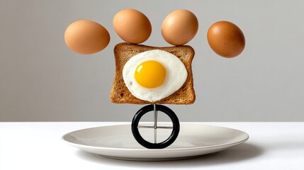 Creative food art featuring a fried egg on toast, balanced on a circular stand, with eggs arranged above, showcasing playful culinary design and innovative presentation