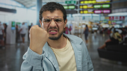 Fototapeta premium Man clenches fist with a grimace in a busy airport terminal under departure boards beside ticket kiosks; frustration.