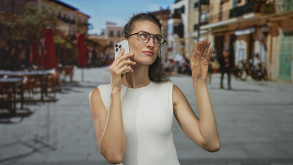 Fototapeta premium Woman in sleeveless white top holds smartphone to ear and gestures with raised hand while standing in a busy street cafe square; calm confidence.