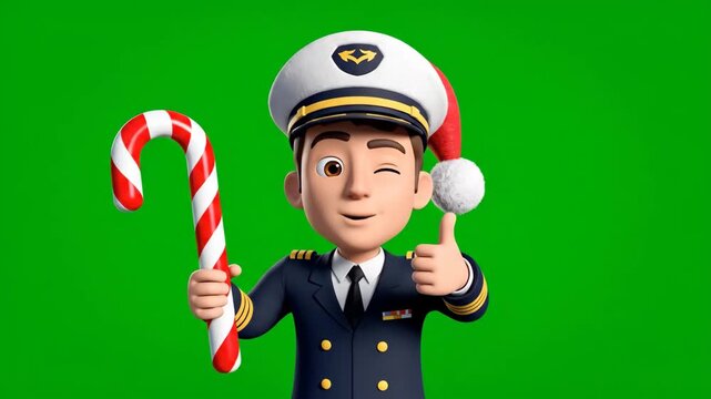 Cartoon Captain Saluting with Christmas Hat on Green Screen - This video shows a cartoon captain dressed in a navy uniform with gold stripes, a captain's hat, and a Santa hat.
