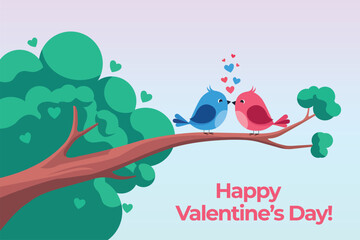 Two cute birds in love sitting on a branch with hearts floating above them, wishing a happy valentines day on a light background