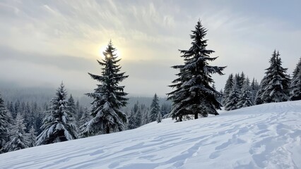 Naklejka premium Snow-covered forest with tall pine trees in winter, landscape, cold weather, nature scene.
