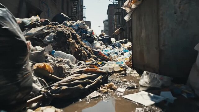Heap of Trash with Cans and Plastic Bottles in an Urban Alleyway Under Bright Sunlight, Showing Overfilled Dumpster and Debris Scattered Around