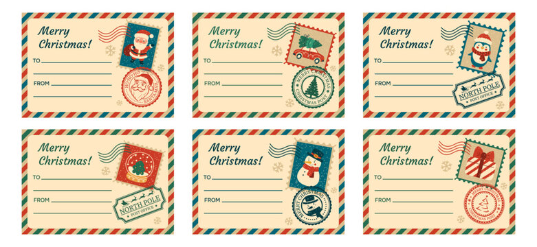 A set of blank retro templates for personalized Christmas gift tags and stickers. Letter-style with a postage stamp and seal. Design "from and to." Vector illustration.