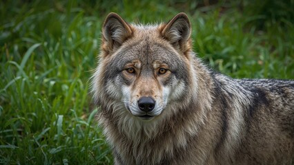 Obraz premium A wolf in the wild surrounded by green grass and foliage. Nature and wildlife, animals, predator. The concept of wilderness and natural habitat.