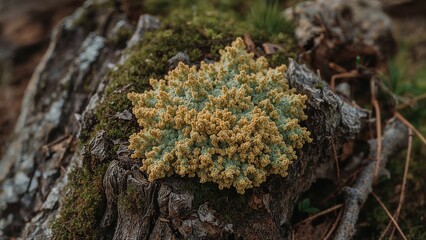 Fungus or lichen growing on a tree trunk in a forest setting.
