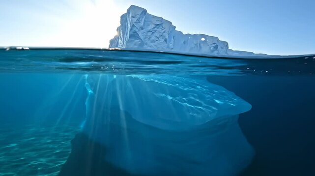 Sun shining brightly behind a massive iceberg floating in the cold arctic ocean, a spectacular over under view showing the hidden part of the glacial ice and beautiful light rays underwater