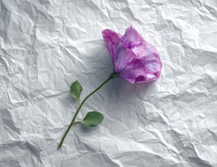 Single purple flower on white crumpled paper background.