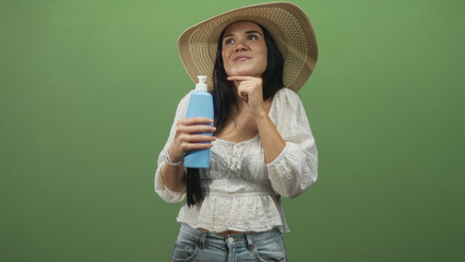 Woman holding blue sunscreen bottle, finger to chin while smiling in studio; sun care playful...