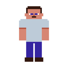 Pixel art male avatar wearing light gray shirt and blue pants