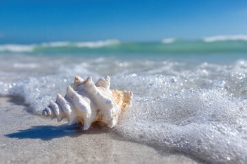 Seashell on the beach with ocean waves in the background.