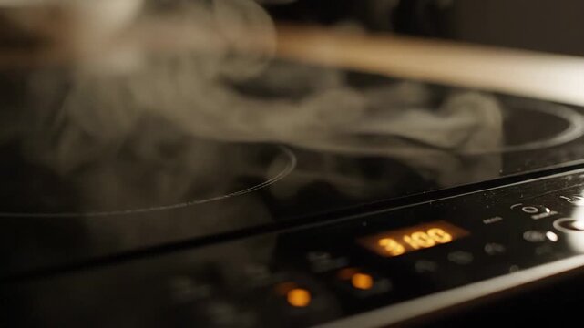 Close-up of steam billowing over a glass cooktop surface.
