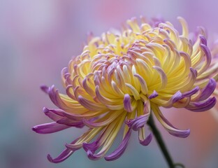 Striking Chrysanthemum Flower with Yellow and Purple Petals in Bloom.