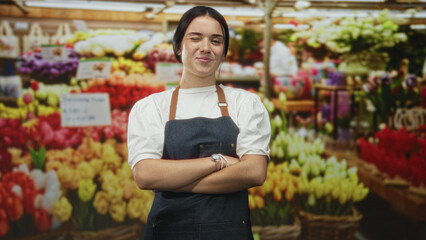Woman in apron with arms crossed smiling among tulips and baskets in a building flower market; confident friendly service.