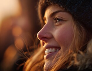 Radiant smile of a young woman in golden light.