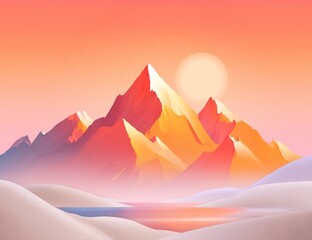 Serene Mountain Landscape with a Warm Sunset Glow Illustration.