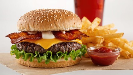 A classic bacon cheeseburger with lettuce, cheese, bacon, and a bun, served with French fries and ketchup.