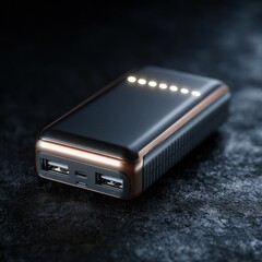 Portable Power Bank with LED Indicators on Dark Surface.