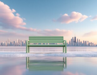 Serene Green Bench Overlooking a Distant Cityscape Under a Pastel Sky.