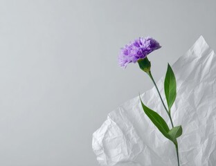Single Purple Carnation on White Tissue Paper Background.