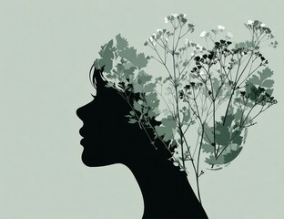 Silhouette of a womans head with plants growing from it.