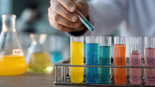 Scientist conducting an experiment by adding liquid from a pipette into colorful test tubes in a laboratory environment, focusing on research and innovation