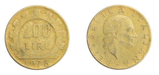 Italy two hundred lire coin on a white isolated background