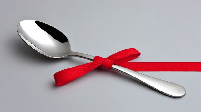 Silver spoon elegantly tied with a vibrant red ribbon, resting on a soft gray background, symbolizing celebration and special occasions, perfect for culinary or gift-related themes
