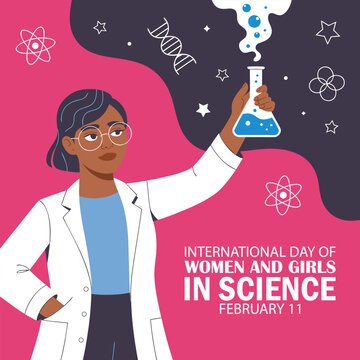 International Day of Women and Girls in Science. Science icon set. Illustration of young scientist woman. vector illustration.