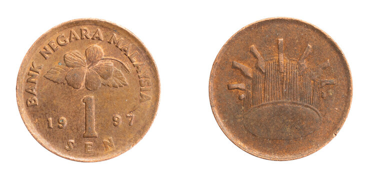 Malaysia one sen coin on a white isolated background