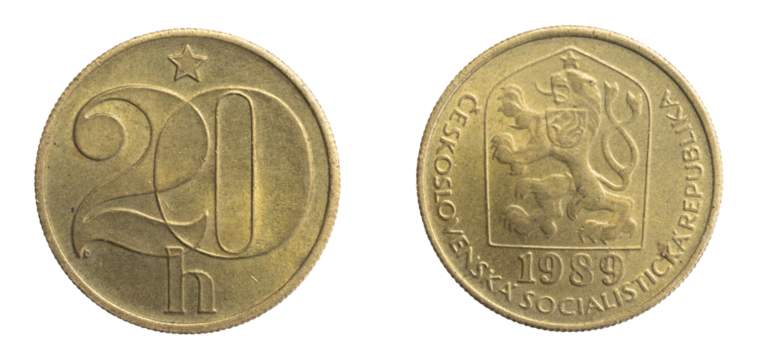 Czechoslovakia twenty hellers coin on white isolated background