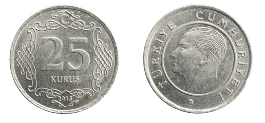 Turkey twenty five kurus coin on a white isolated background
