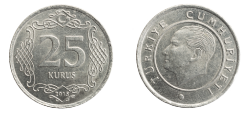 Turkey twenty five kurus coin on a white isolated background