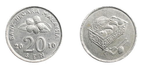 Malaysia twenty sen coin on a white isolated background