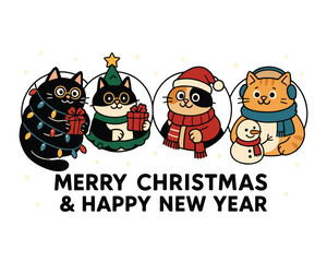 Funny cat cartoon illustration vector birthday and Christmas holiday greeting card design with snowman and santa hat in winter snow celebration
