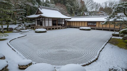 Japanese Zen rock garden completely covered in snow with traditional buildings