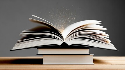 Fototapeta premium Open book with pages fanned out, resting on two stacked books, surrounded by a soft glow and magical sparkles, symbolizing knowledge and imagination in a serene environment