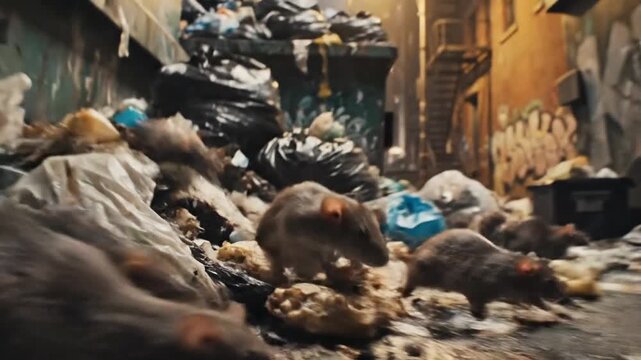 Rats Scavenging in Urban Alleyway with Overstuffed Dumpster Graffiti Covered Brick Buildings and Bright Overhead Lighting at Night