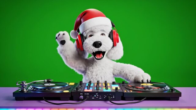Christmas DJ Dog - A cute white dog is wearing a Santa hat and red headphones while DJing. The dog is in front of a mixer and two turntables with a green screen background.