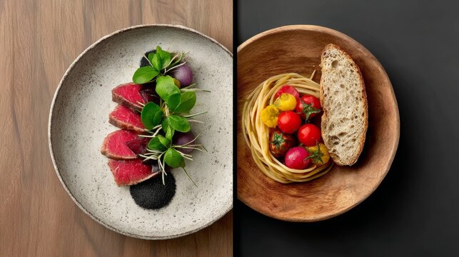 Gourmet dish featuring seared beef slices garnished with fresh herbs, accompanied by a bowl of pasta with cherry tomatoes and rustic bread, showcasing culinary artistry and presentation