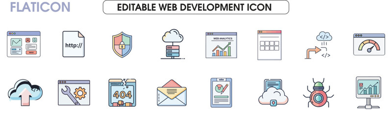 Collection of flat design coding and technology icons programming