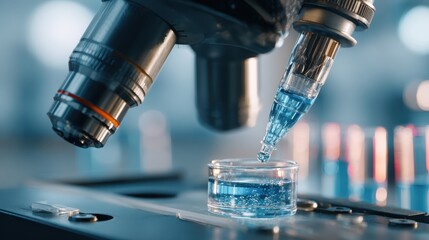 Close-Up View of Microscope with Droplet of Liquid Above Petri Dish in Laboratory Setting