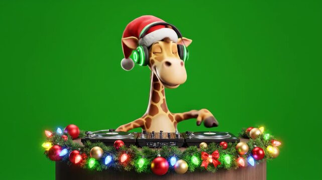Christmas Giraffe DJ - A festive animated giraffe DJ with a Santa hat and headphones is mixing holiday music on turntables. Christmas lights and ornaments adorn the DJ table. - Powered by Adobe